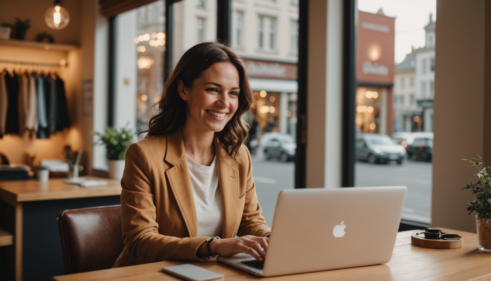 Small business owner happily managing her real website