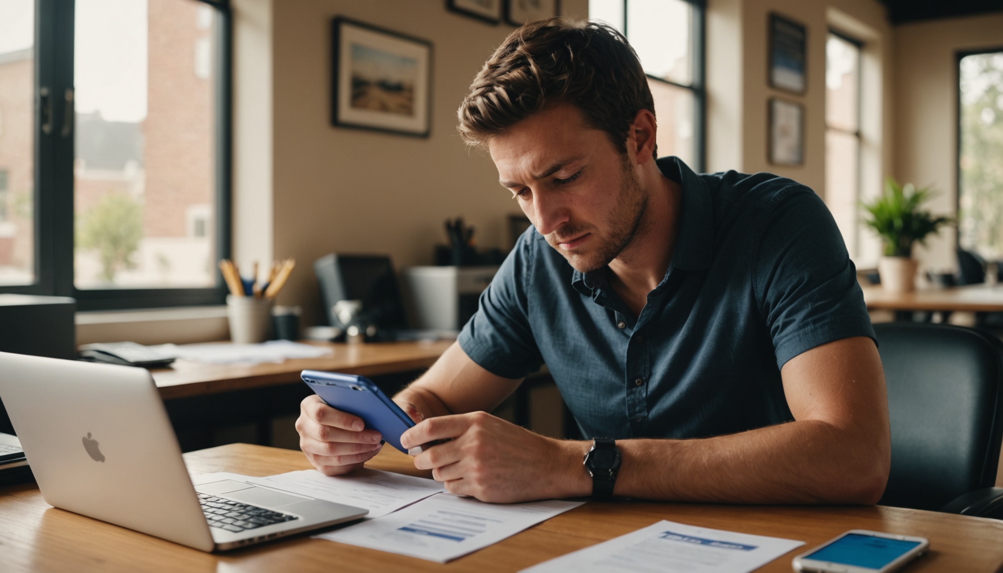 Frustrated business owner buried in Facebook messages and paperwork